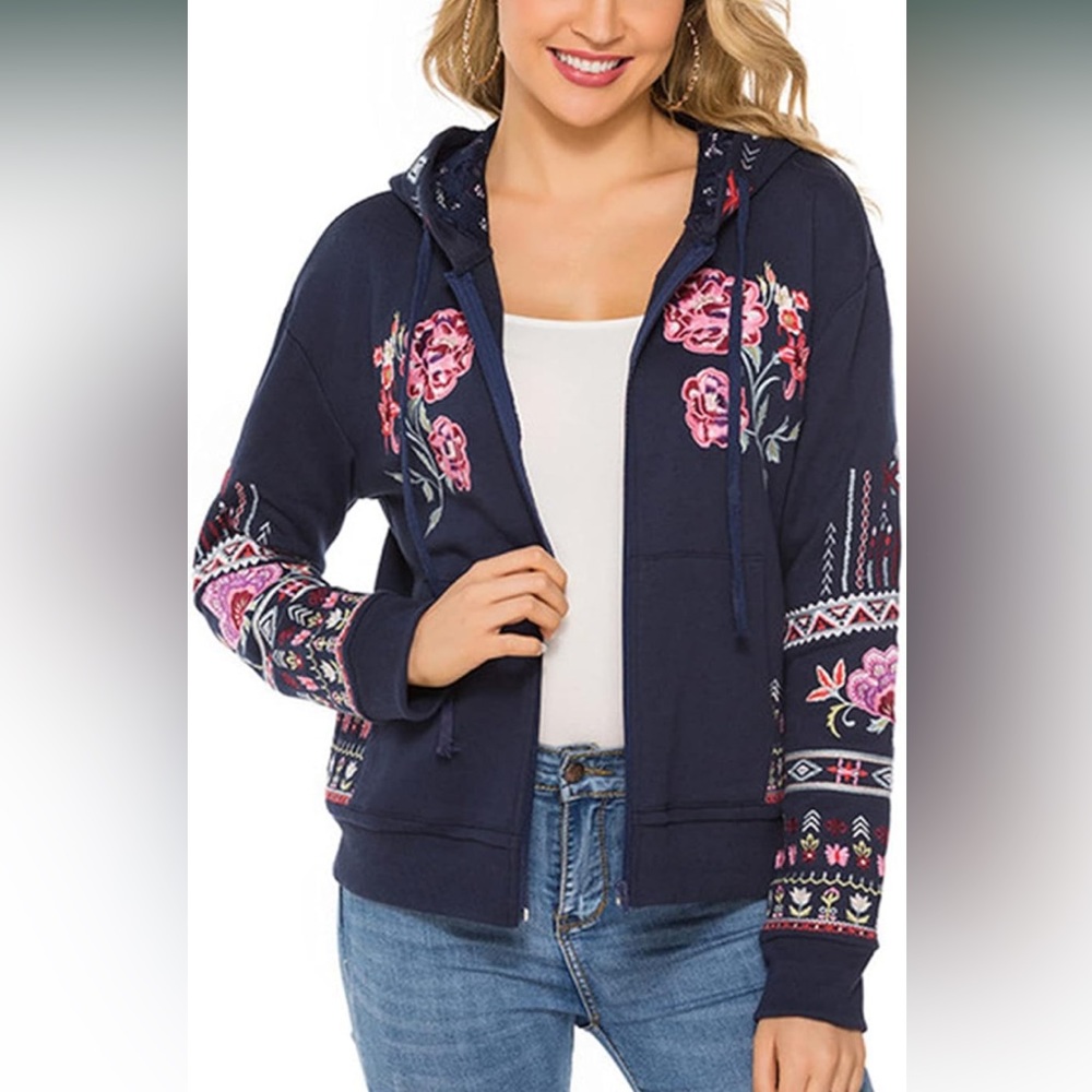 Floral Embroidery Navy Blue Boho Long Sleeves Sweatshirt Hooded Jackets, S